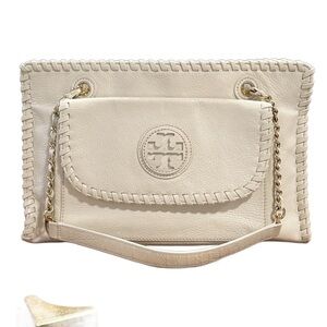 Tory Burch Cream Leather Marion Bag with Chain Strap and Removable Clutch